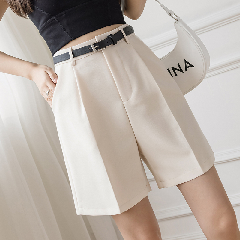 Womens Shorts Loose Khaki Wide Leg Summer Casual High Waist Casial Suit Fabric Knee Length Trousers Female Capris Bermuda 230403