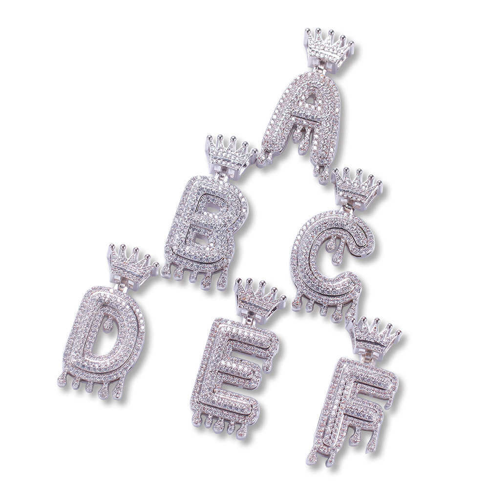 A-Z Initial Bubble Letter Name Crown Drip Letters Pendant Necklaces Men Women Gold Silver Color CZ Hip Hop Jewelry Gifts H1125