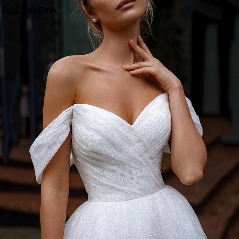 Off Shoulder Glitter Tulle Wedding Dress Sweetheart Straps Bridal Gowns For Bride Robe De Mariee Beach Sweep Train Vestido de Noiva