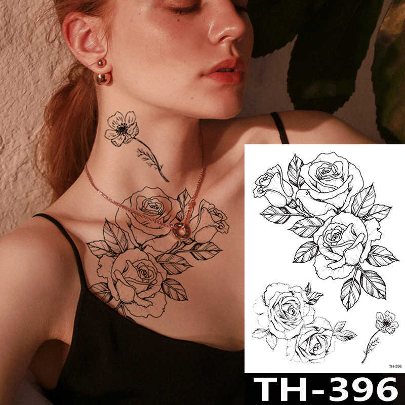 5 PC Temporary Tattoos Rose Peony Flower Girls Temporary Tattoos For Women Waterproof Black Tattoo Stickers 3D Blossom Lady Shoulder DIY Tatoos Z0403