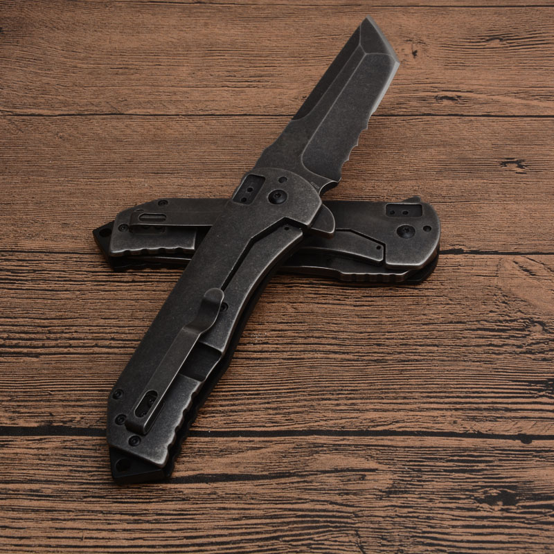 R2102K Flipper Folding Knife 8Cr13Mov Black Stone Wash Serrated Blade Aluminum/Stainless Steel Handle Ball Bearing Outdoor EDC Pocket Knives