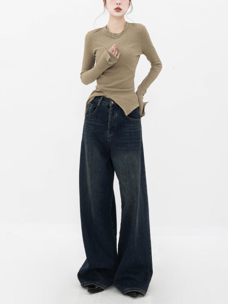 Women's Jeans High waisted retro blue dark straight jeans for women's Harajuku Fashion Casual Loose Full Matching Wide Leg Drag Trousers 230