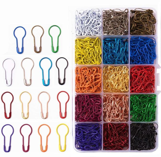 750 Pieces 15 Colors Assorted Bulb Safety Pins Pear Shaped Pins Knitting Stitch Markers Sewing Making with Storage Box