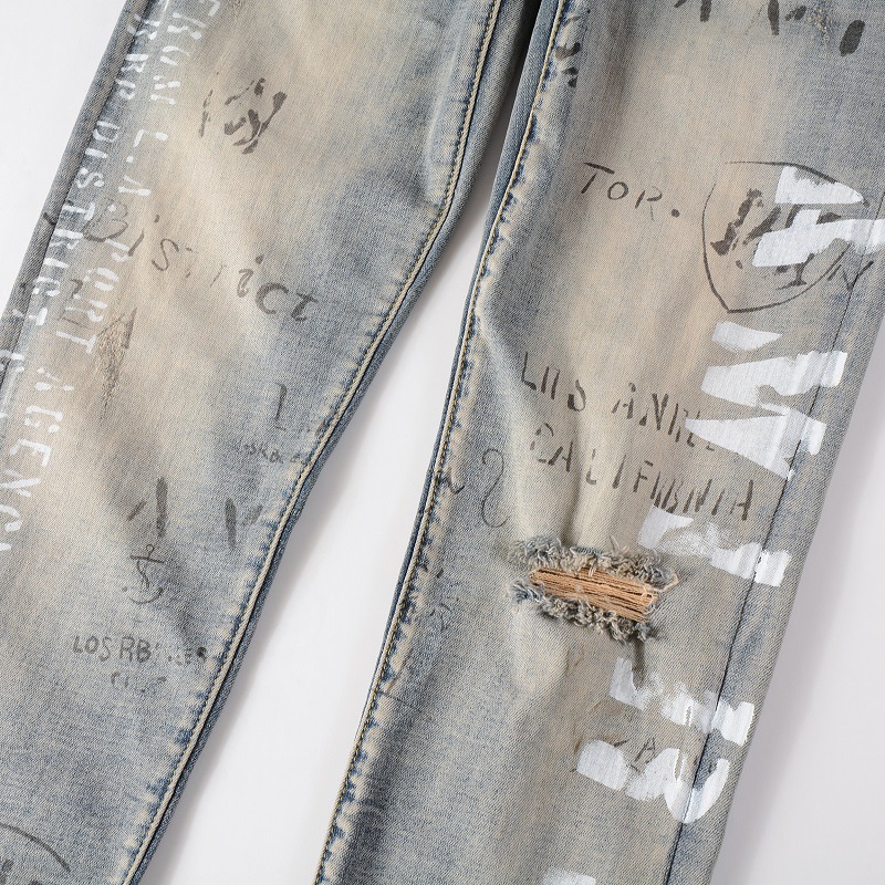 Fashion High street spray paint dazzle letters straight elastic zipper fly washed ripped jean