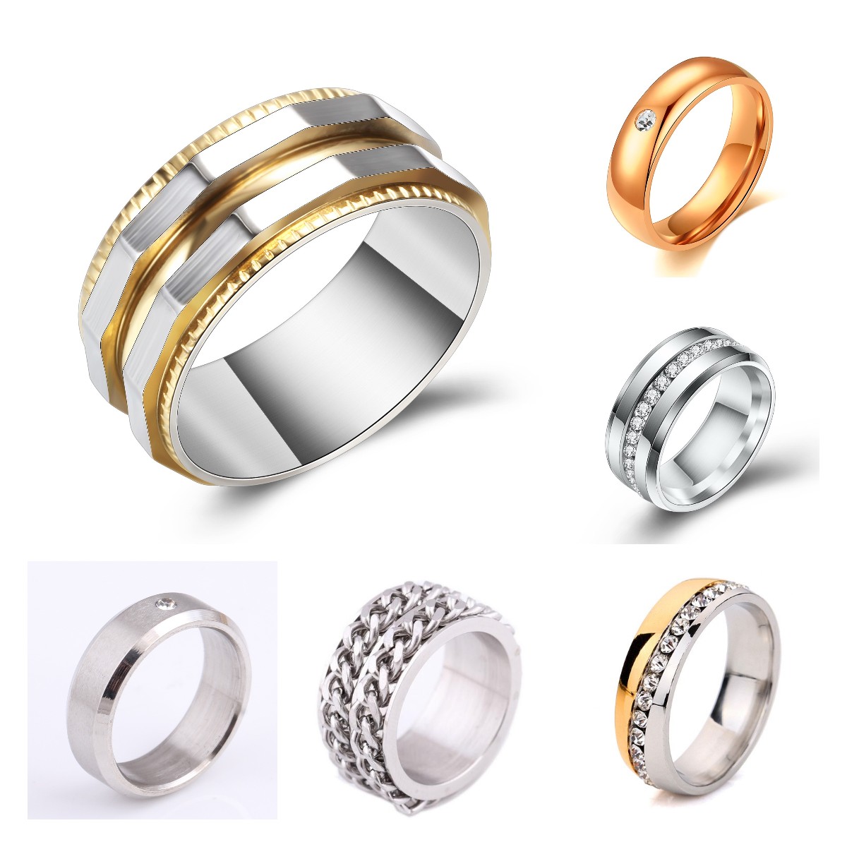 New Titanium Stainless Steel Round Band Ring Cross Cuban Chain Bling Crystal Gold Finger Rings for Men and Women Hip Hop Punk Rock Birthday Gift Whole