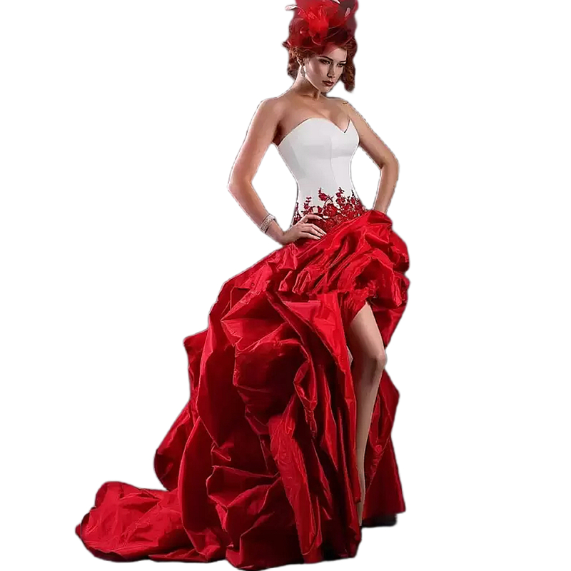 Vintage High Low Wedding Dress White And Red Ruched A-Line Bridal Gowns Lace Appliques Sweetheart Neckline Sleeveless Bride Reception Robe De Mriage