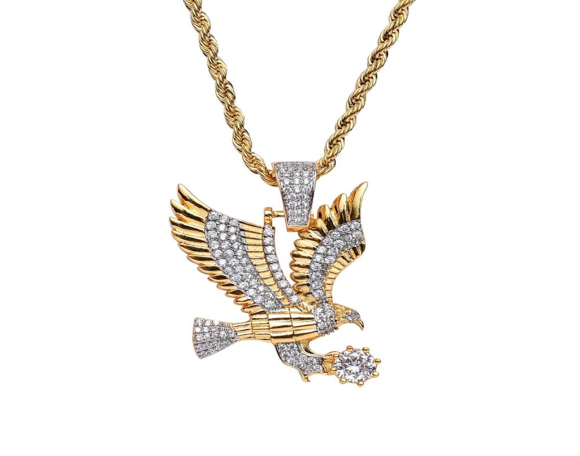 hip hop Eagle diamonds pendant necklaces for men western copper zircon luxury necklace real gold plated 3mm 60cm Stainless steel t