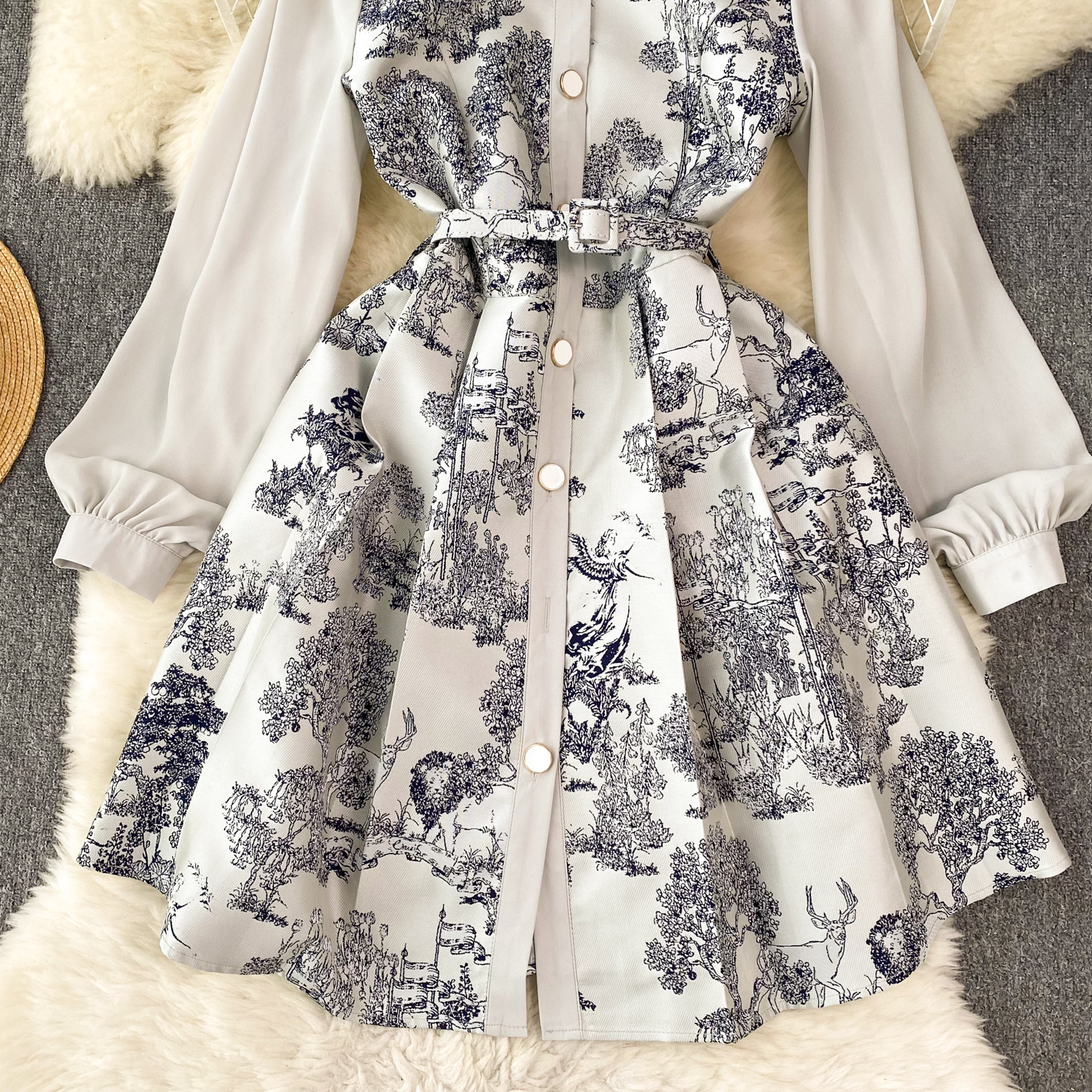 Basic Casual Women Dresses Runway Designer Jungle Jacquard Mini Dress Women's Turn Down Neck Mesh Sleeve Single Breasted Belt Vintage Party Vesti