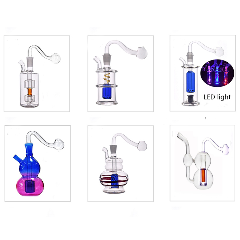 Small Mini 10mm Female Mini Glass Bong Water Pipes Thick Pyrex Hookah Oil Recycler Ash Catcher Bongs with Bent Glass Oil Burner Pipe and Hose 10 Styles for Option