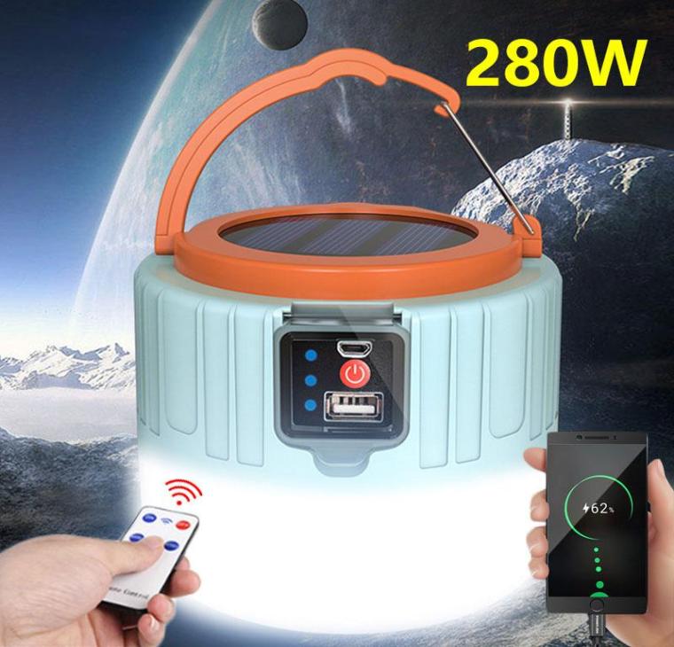 Portable Lanterns LED Solar Camping Light Spotlight Emergency Tent Lamp Remote Control Phone Charge Outdoor For Hiking Fishing