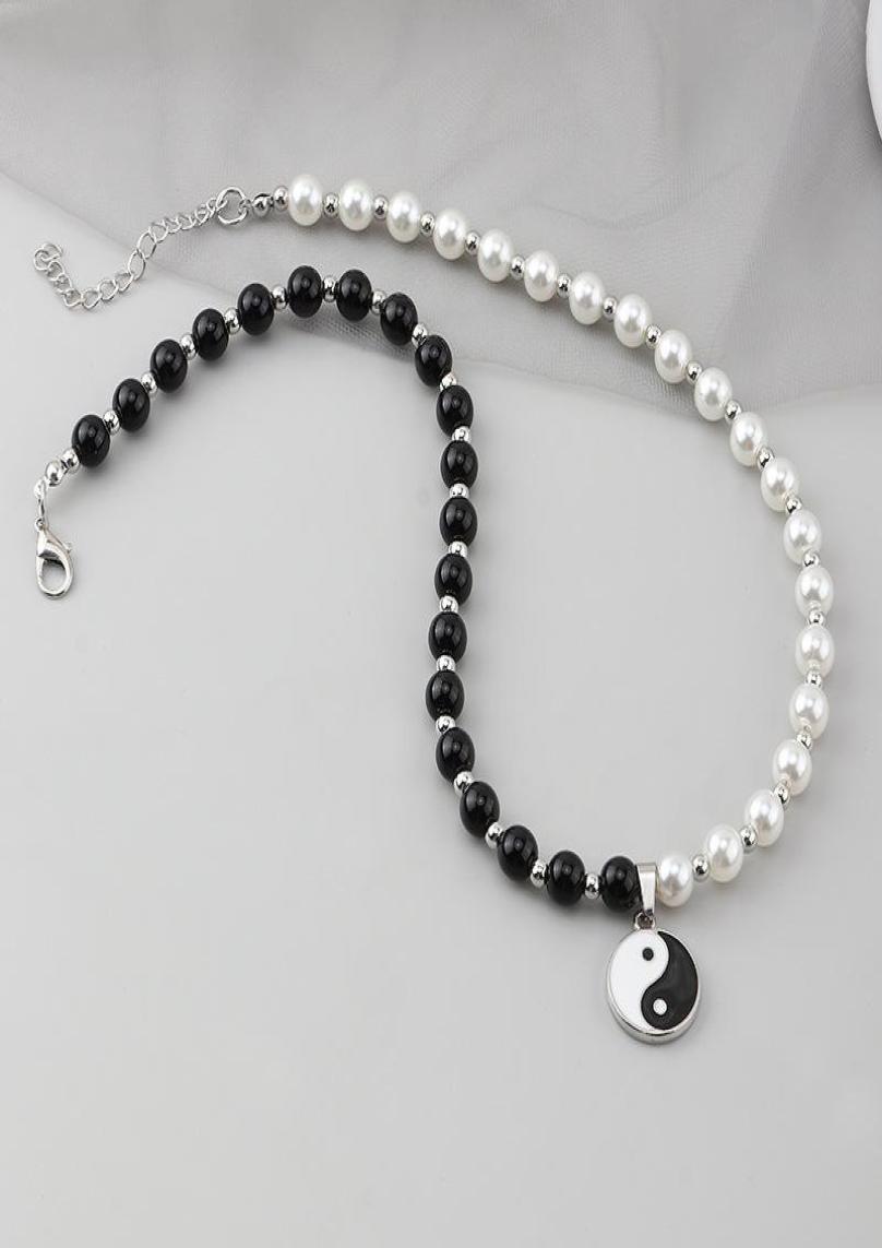 Chokers Round Pearl Beads Yin Yang Taichi Pendant Stainless Steel Chain Unisex Necklace Couple Jewelry Women Mens