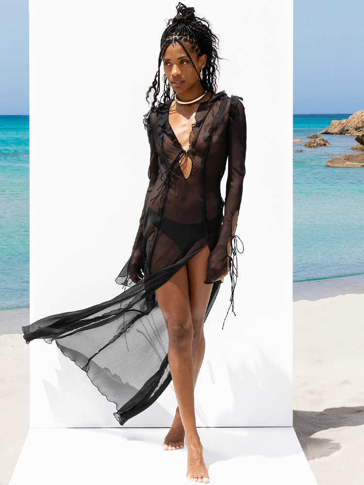 Sexy V Neck Black Perspective Ruffle Dress For Women Summer Elegant Long Sleeve Split Party Maxi Dresses vestidos A1942