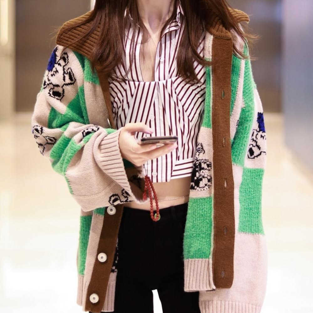 New Bear Print Cardigan Women Korean Style Kawaii Plaid Sweater Knitted Jumper Fashion Polo Collar Coat Autumn Spring Female Tops