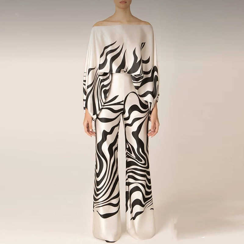 Casual Satin Commuting Suit Fashion Hollow Off Shoulder Tops With Long Pants Women 2 Piece Sets 2023 Spring Loose Print Outfits