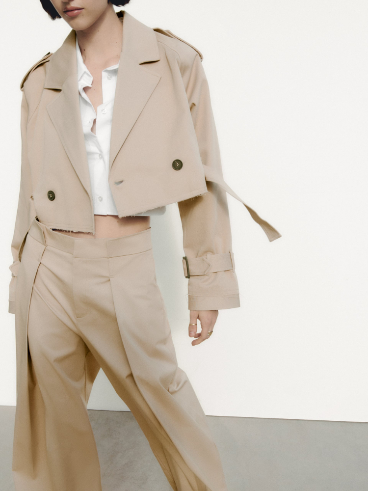 Women's Trench Coats RR3191 Oversized Cropped Short Khaki Jackets Ladies Long Sleeve Loose Women 230403
