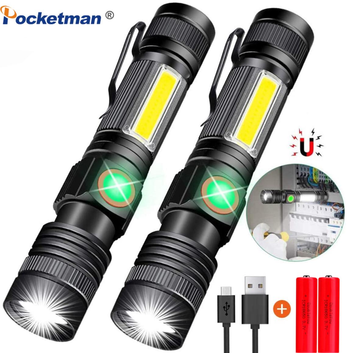 8000LM USB Rechargeable Flashlight Super Bright Magnetic LED Torch with Cob Sidelight a pocket clip Zoomable for Camping 210322