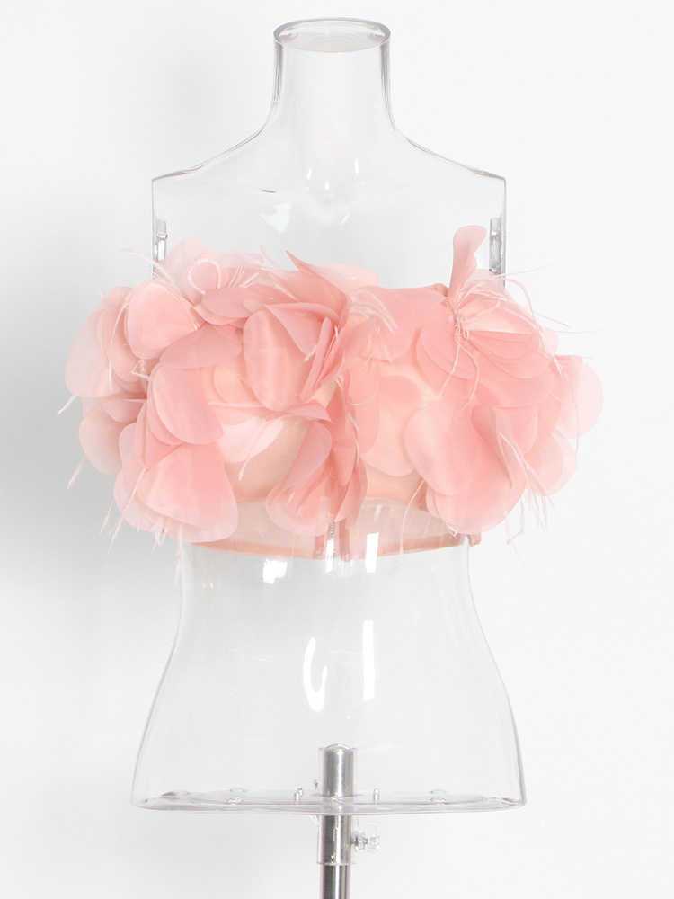 VGH Fashion Summer Sexy Pink Tank Tops For Women Strapless Sleeveless Patchwork Floral Solid Vests Female Clothes New 2023 Style