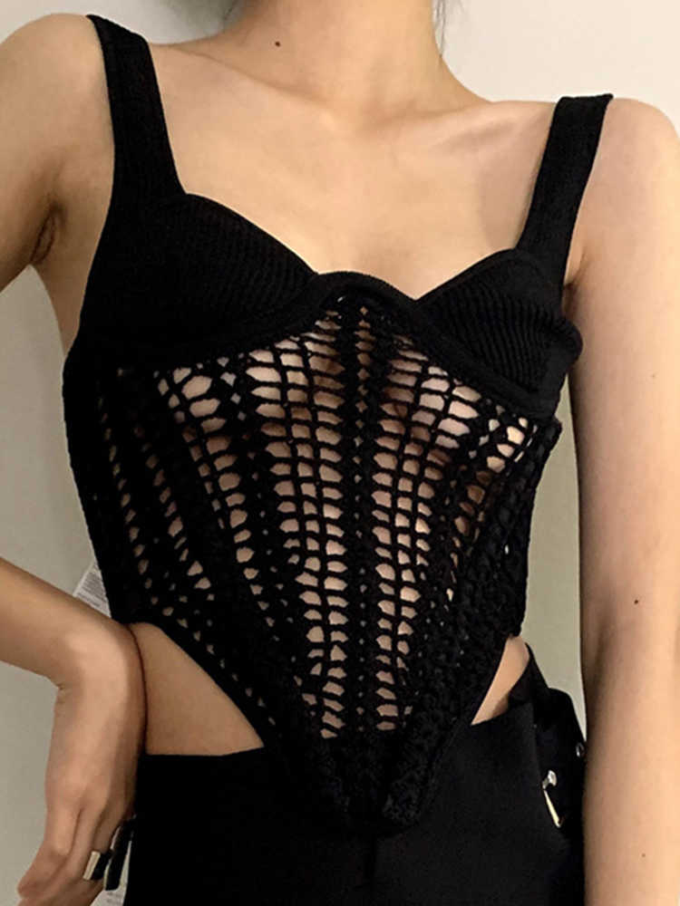 New DEAT Fashion Women's Tank Tops New Solid Color Sleeveless Knitting Hollow Out Backless Topd Female Summer 2024 17A1669