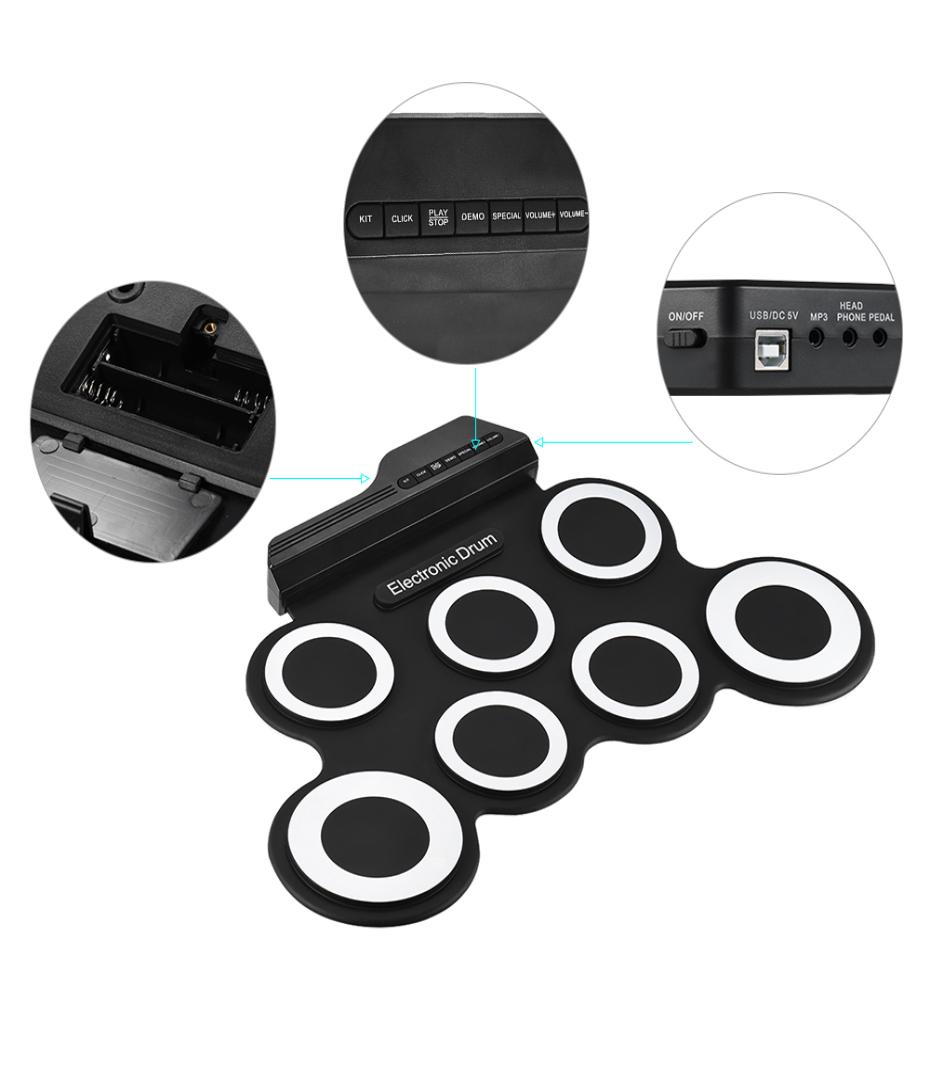 Portable Electronic Drum Digital USB 7 Pads Roll Drum Set Silicone Electric Drum Pillow Kit with Drumsticks Foot Pedal