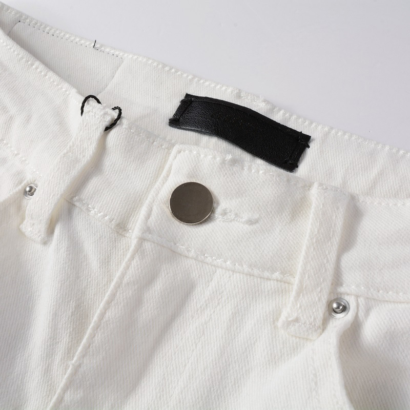 Fashion casual straight zipper fly washed white slim fit elastic hole patch jean men