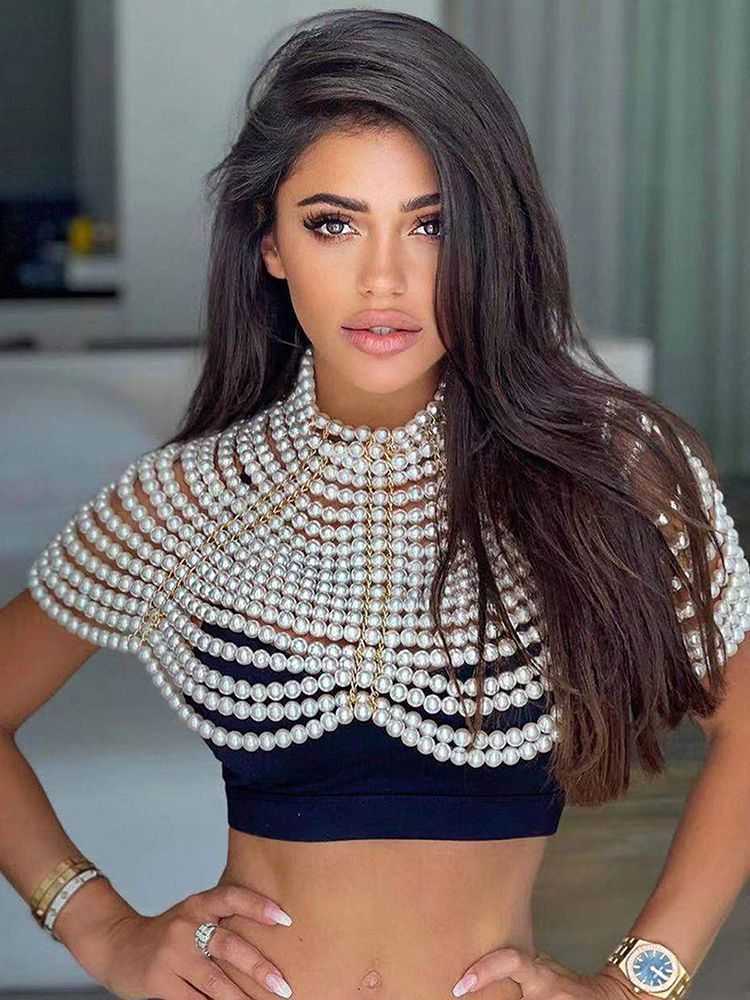 Fashion Pearl Shawl Tops Women O-neck Handmade Beading Shawl Top Ladies Party Female Elegant Shawl Tops