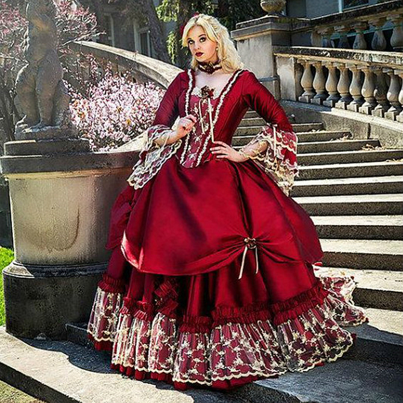 Vintage Medieval Burgundy Prom Dresses Floor Length Flare Square Neck Long Sleeves Masquerade Gowns For Women Girls Plus Size Ball Gown Evening Wear