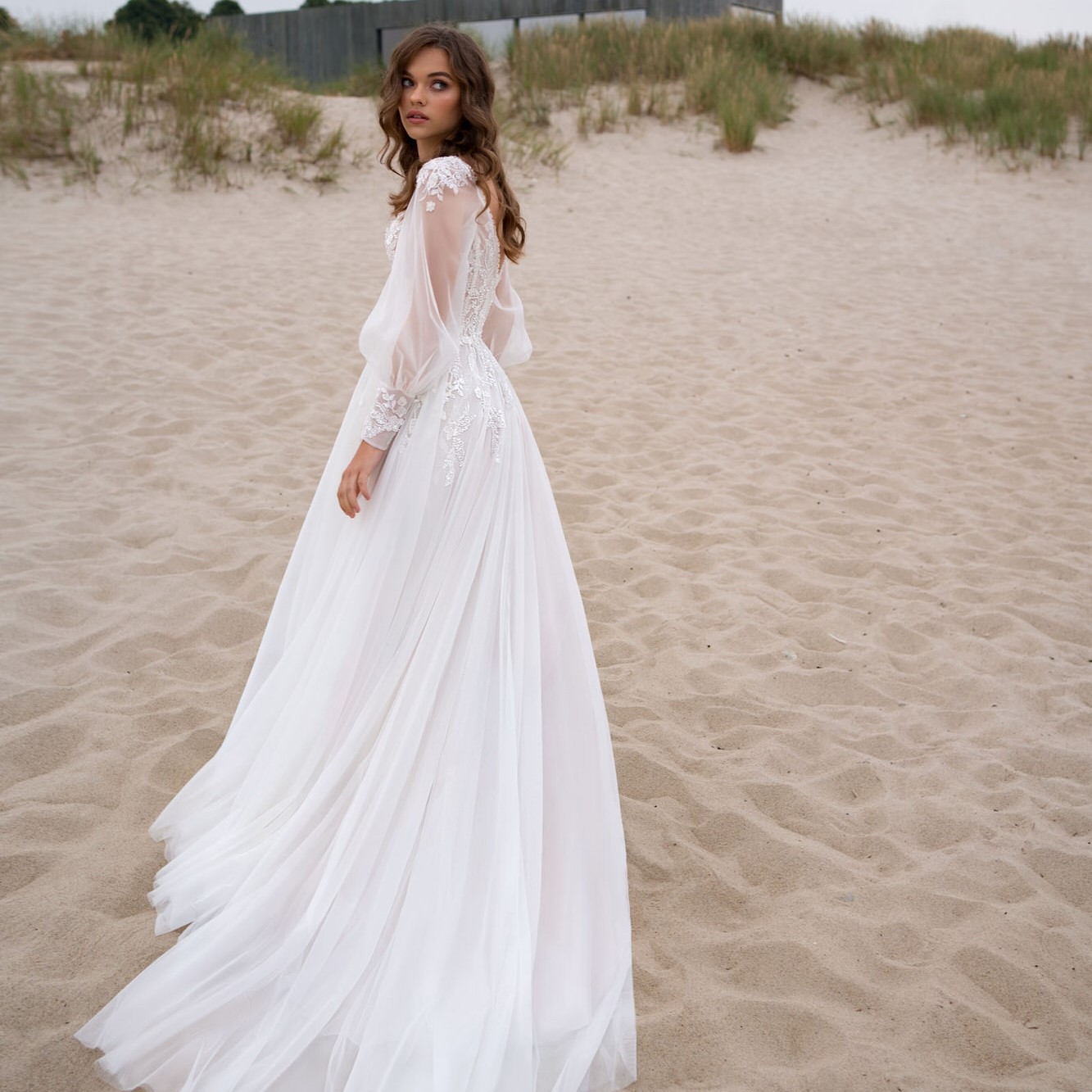 Long Puff Sleeves Boho Wedding Dress 2023 Tulle V-Neck High Split Appliques Women Bride Gowns Custom Made Civil Robe De Mariee Vestido de Noiva