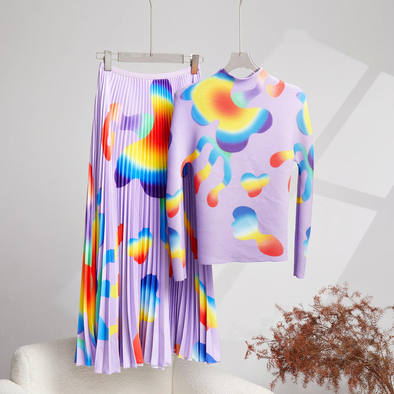 Two Piece Dress Bohemian Vacation Beach 2pcs Set Women Stand Collar Knitted Pullover Tops Elastic Waist Floral Print Pleated Long Skirts Suits 2024