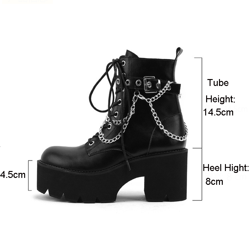 Boots Punk style boots platform black round toes bulky high heels women's leather chain lace shoelaces WSH4695 230404 4