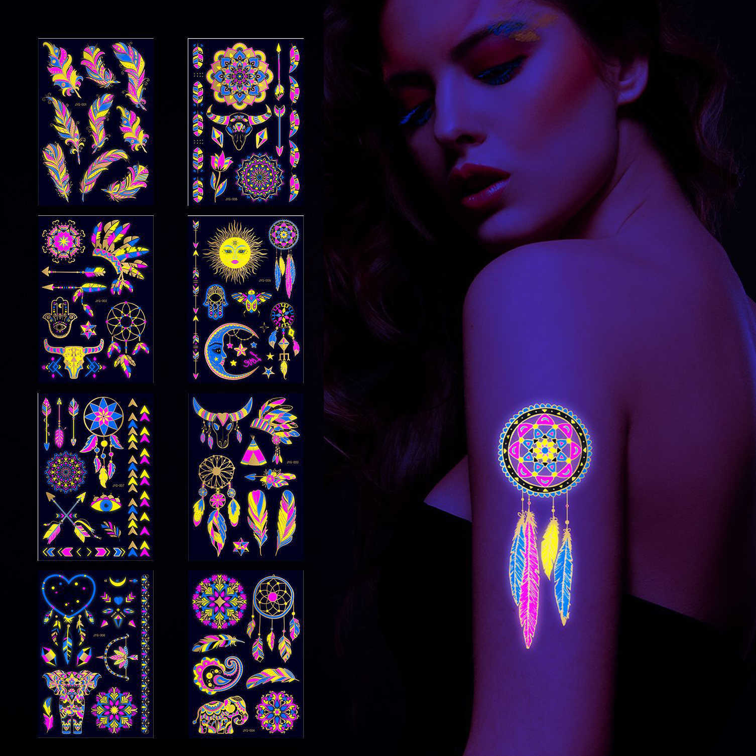 5 PC Temporary Tattoos Fluorescent Bronzing Waterproof Temporary Tattoos Feather Dreamcatcher Totem Party Fashion Arm Neon Tattoos Stickers Wholesale 