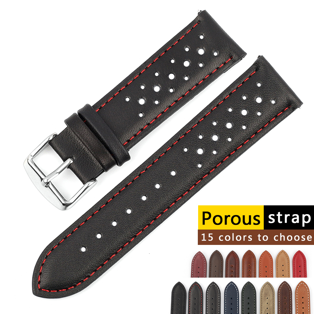 Watch Bands Handmade Strap 18mm 19mm 20mm 22mm Leather Black Brown Blue Breathable Porous bands C 230404
