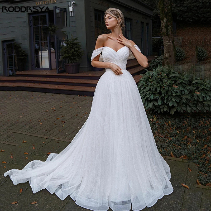 Off Shoulder Glitter Tulle Wedding Dress Sweetheart Straps Bridal Gowns For Bride Robe De Mariee Beach Sweep Train Vestido de Noiva
