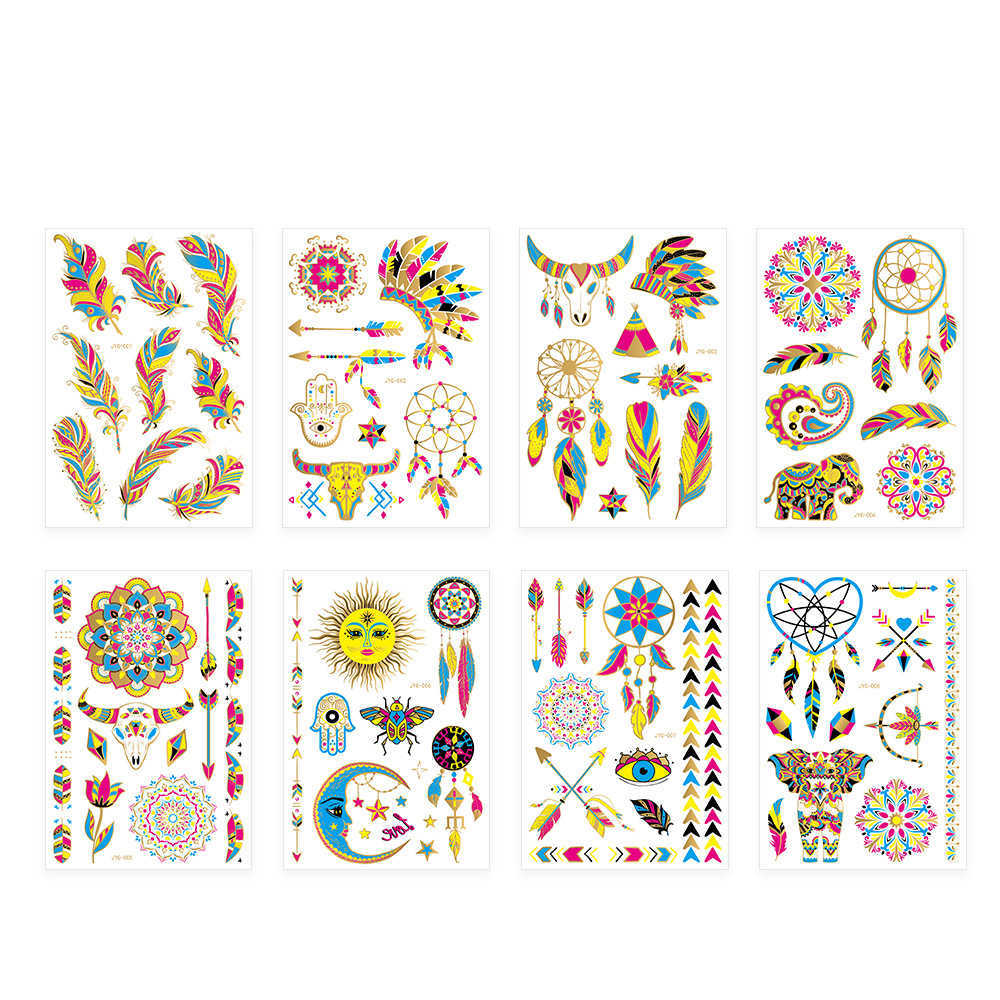 5 PC Temporary Tattoos Fluorescent Bronzing Waterproof Temporary Tattoos Feather Dreamcatcher Totem Party Fashion Arm Neon Tattoos Stickers Wholesale 