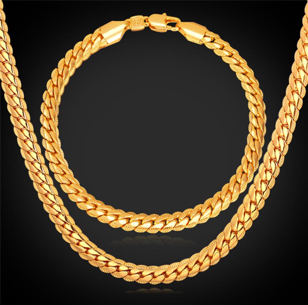 18quot32quot Men Gold Chain 18K Real Gold Plated Wheat Chain Necklace Bracelet Hip Hop Jewelry Set