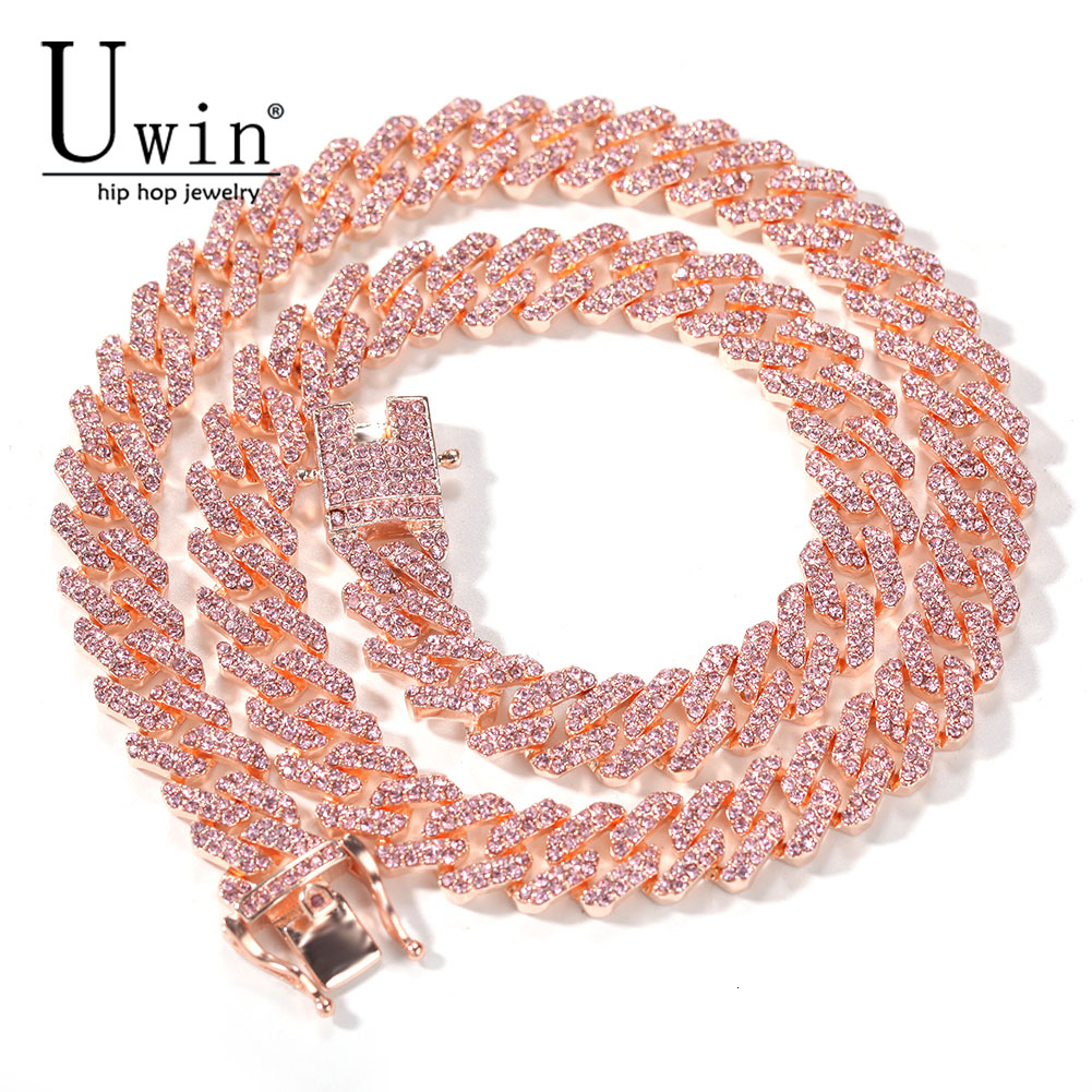 Chokers Uwin SLink Miami RoseGold Color 12mm Cuban Link Pink Necklace Chain Full Bling Punk Bling Charm Hiphop Jewelry 230403