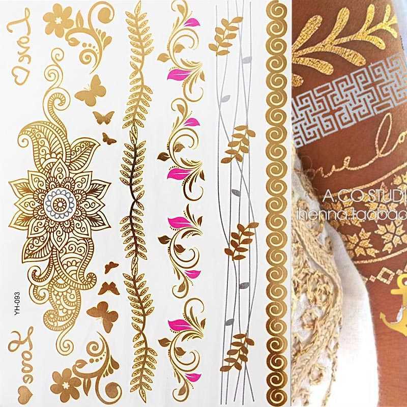 5 PC Temporary Tattoos Hot Flash Metallic Waterproof Temporary Tattoo Gold Silver Tatoo Women Henna Flower Taty Design Tattoo Sticker Z0403