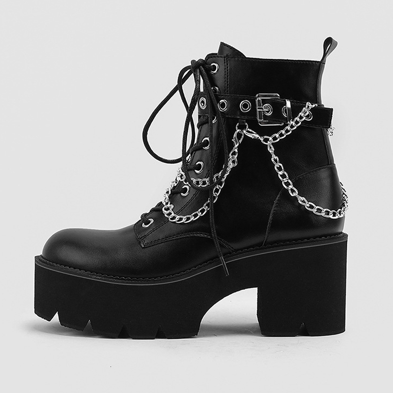 Boots Punk style boots platform black round toes bulky high heels women's leather chain lace shoelaces WSH4695 230404 4