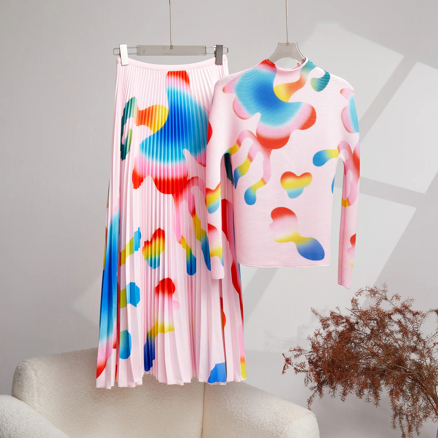 Two Piece Dress Bohemian Vacation Beach 2pcs Set Women Stand Collar Knitted Pullover Tops Elastic Waist Floral Print Pleated Long Skirts Suits 2024