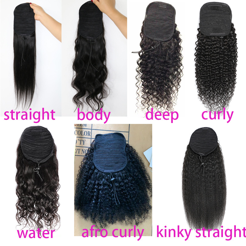 Brazilian Deep wave Human ponytail Wrap Around Pony Tail Clip In Hair Extensions Drawstring Ponytails Hairpiece For Black Women 120g jet black color 1