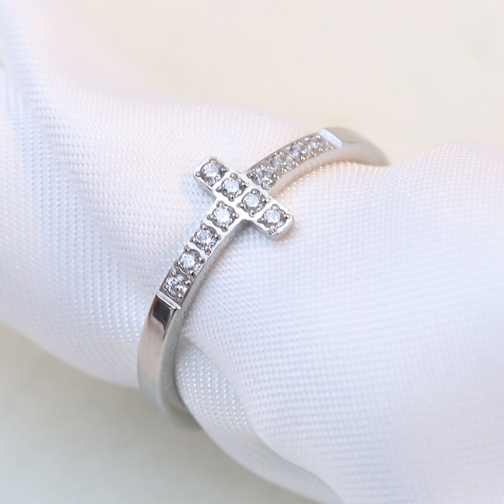 New in Titanium Stainless Steel Cross Finger Ring for Women Ins Cute Bling CZ Stone Cubic Zirconia Silver Gold Color Rings Birthday Gifts Wholesale Je