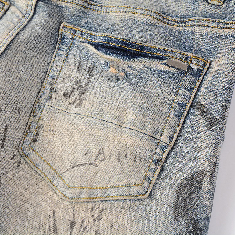 Fashion High street spray paint dazzle letters straight elastic zipper fly washed ripped jean