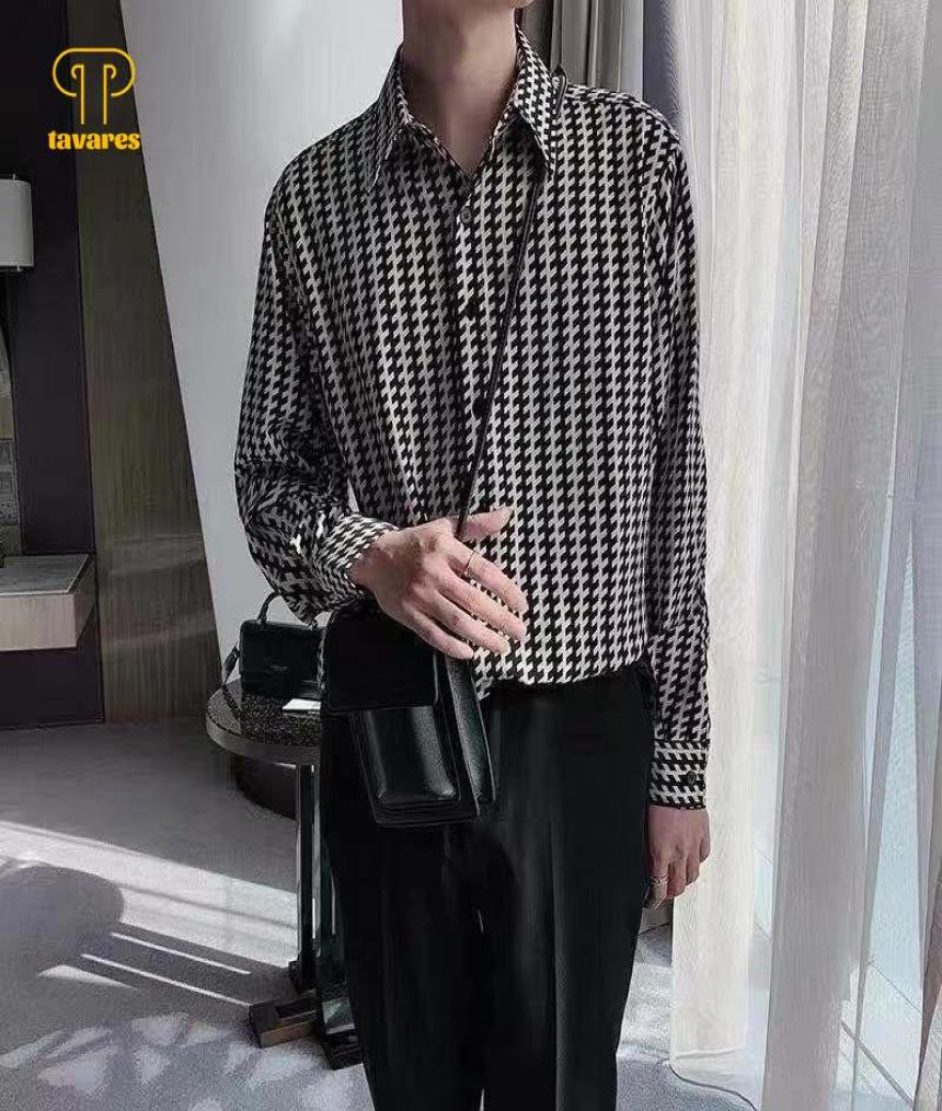 Men039s Casual Shirts TAVARES Men Houndstooth Long Sleeve Plaid Shirt Baggy Oversized Gothic Harajuku Button Up Cardigan Tops