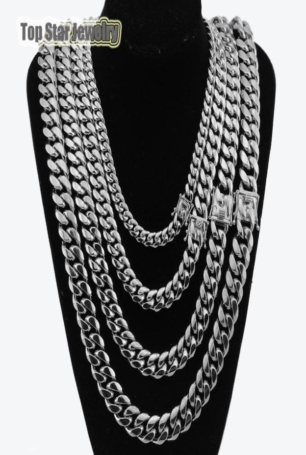 8mm10mm12mm14mm 316L Stainless Steel Jewelry High Polish Miami Cuban Chain Necklace Men Punk Curb ChainDragonBeard Clasp 24qu