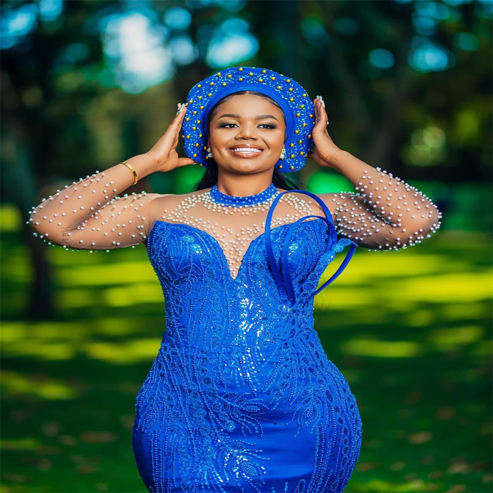 Nov Aso 2023 Ebi Arabic Mermaid Royal Blue Prom Dress Beaded Sequined Lace Evening Formal Party Second Reception Birthday Engagement Gowns Dresses Rob