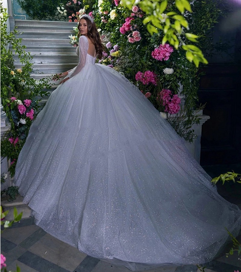 Vintage Glitter Wedding Dress 2023 Princess Long Sleeves Deep V-Neck Shiny Bridal Gowns Pageant Sparkly Illusion Back Vestidos De Noiva