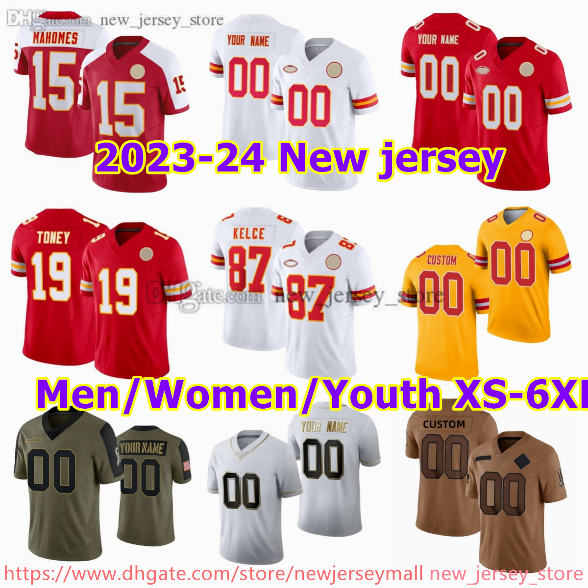 Custom S-6XL DIY NCAA Football Jersey Stitched 15 PatrickMahomes 87 TravisKelce 10 TyreekHill 9 JuJuSmith-Schuster 32 TyrannMathieu 25 ClydeEdwards-Helaire