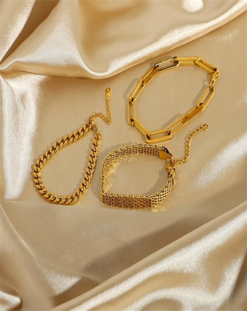 Paperclip Chain Bracelet Gold Color Stainless Steel Rectangle Link Cable Dainty Women Girls Layering Jewelry 22