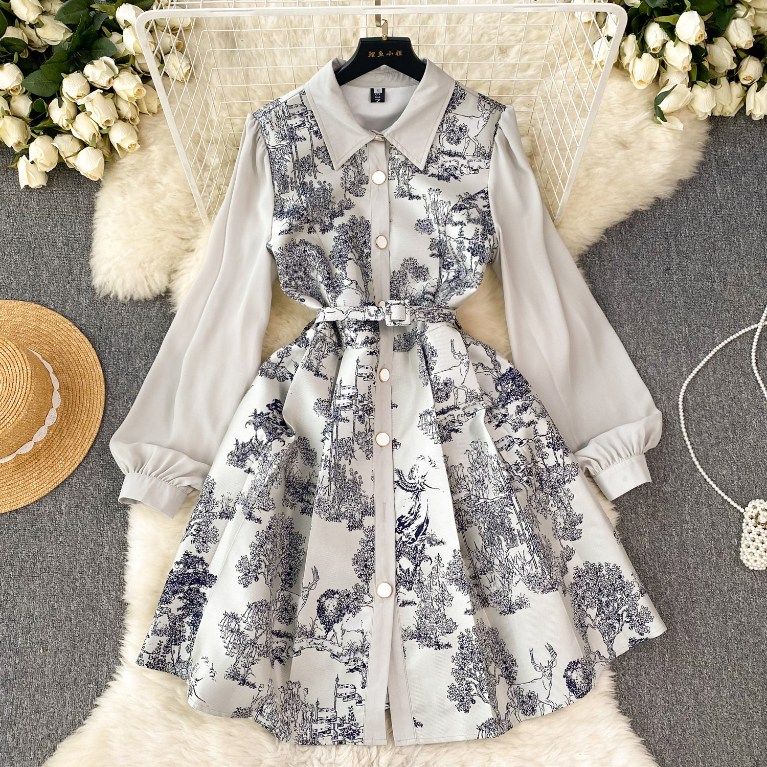 Basic Casual Women Dresses Runway Designer Jungle Jacquard Mini Dress Women's Turn Down Neck Mesh Sleeve Single Breasted Belt Vintage Party Vesti