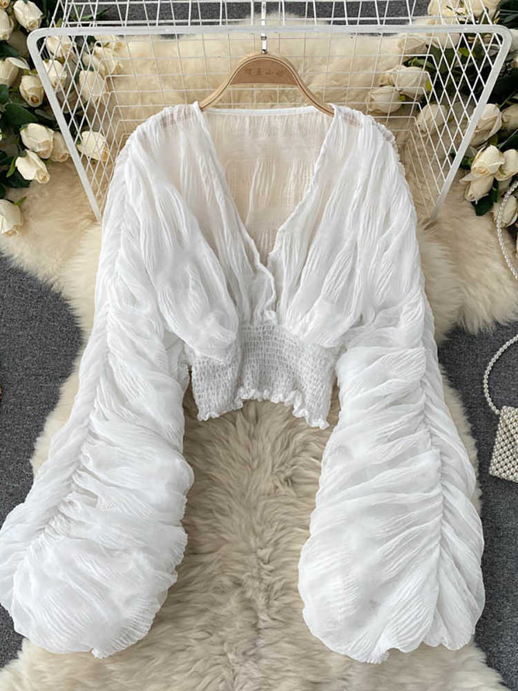 Summer Sexy Draped Chiffon Blouse For Women Elegant V-Neck Puff Long Sleeve Short Tops Female Slim Party Shirts 2023 New Fashion