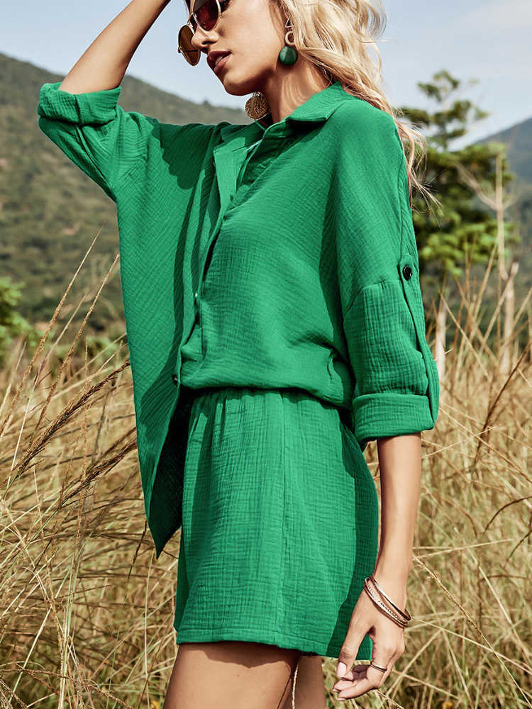 2023 Summer Casual Button Green Cotton Two Pieces Sets Women Long Sleeve Rose Red Women's Sets White Shirt Shorts Set Outfits